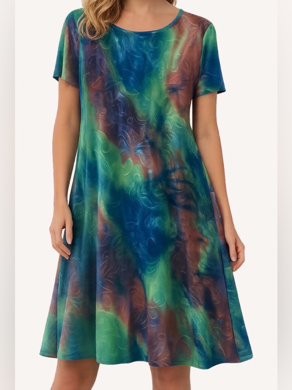 Beautiful colorful tye die swing dress loose fit, round neck,medium short sleeve